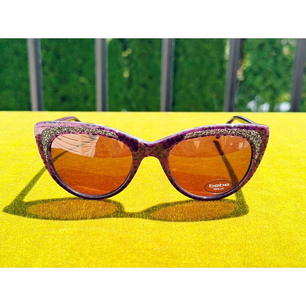 NEW Bebe Purple Animal Print Sunglasses Glitter Cat Eye Oversized Sunnies BB7242 - Picture 2 of 5